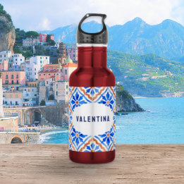 Bouteille D'eau Motif de carreaux bleus méditerranéens personnalis