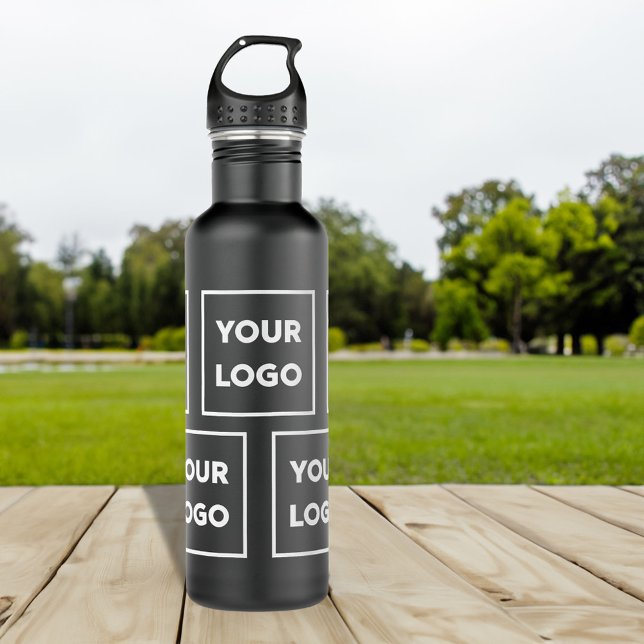Bouteille D'eau Motif de logo personnalisé en noir (Custom Logo Pattern on Black Stainless Steel Water Bottle, in situ)