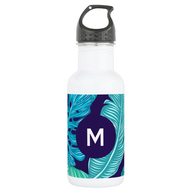 Bouteille D'eau Motif de monogramme de feuilles vert bleu tropical (Devant)