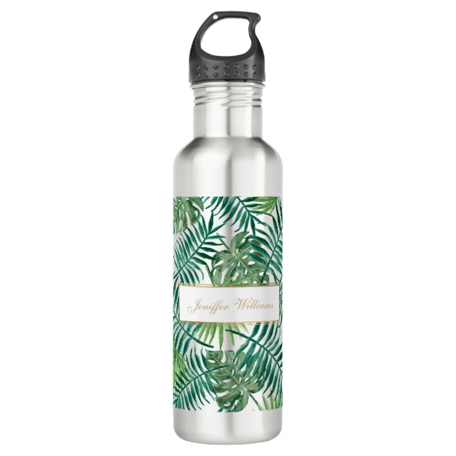 Bouteille D'eau Motif Feuille de la forêt tropicale. (Devant)
