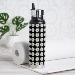 Bouteille D'eau Motif floral marguerrier blanc sur noir