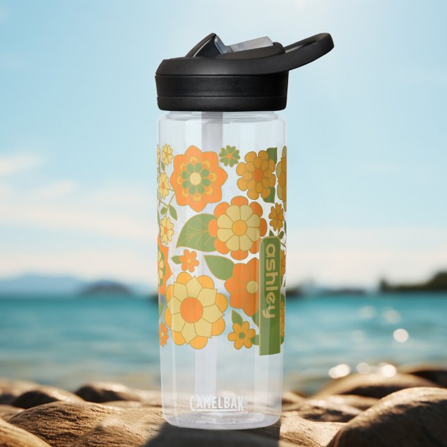Bouteille D'eau Motif floral tendance rétro avec bloc de nom (Personalized Water Bottle)