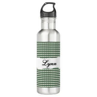 Bouteille D'eau Motif Gingham Vert Personnalisé & Nom Personnalisé