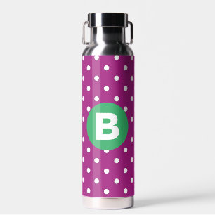 Bouteille D'eau Motif pois violets sur fond vert avec monogramme