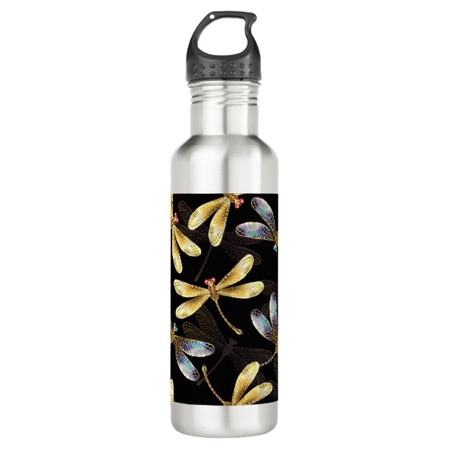 Bouteille D'eau Motif sans couture avec libellules d'or (Devant)
