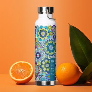 Bouteille D'eau Motif tendance rétro Floral avec nom - bleu vert