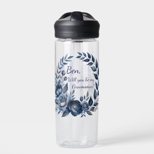 Bouteille D'eau Navy Blue and Gold Peony Flower Wedding Groomsmen (Extérieur)