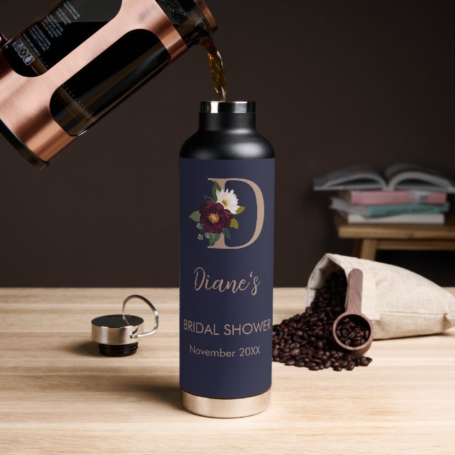 Bouteille D'eau Navy Fleurs Monogramme Lettre D Baby Shower Mariag (Café)