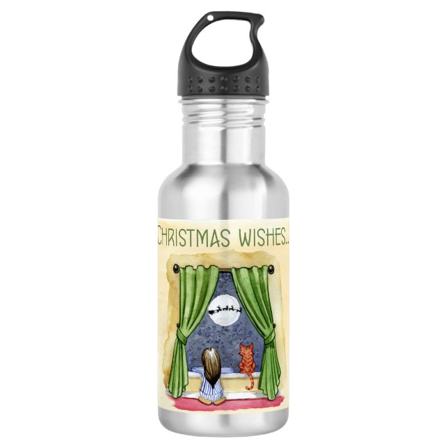Bouteille D'eau Noël Souhaite Mignonne Enfant & Kitty Chat Noël (Devant)