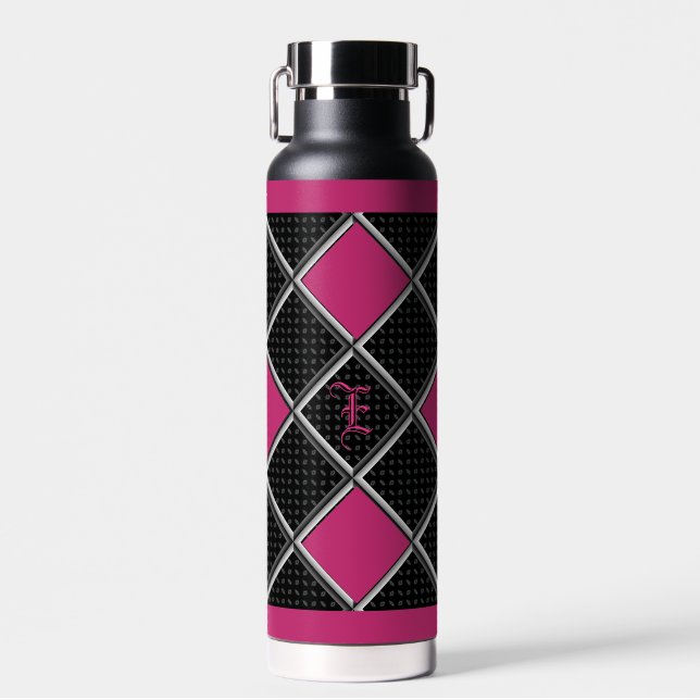 Bouteille D'eau Noir Blanc Hot rose Elegant Diamond Argile (Avant)