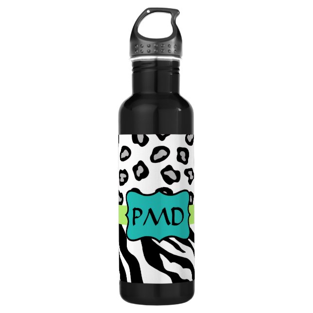 Bouteille D'eau Noir Blanc Vert & Turquoise Zèbre & Cheetah Skin (Devant)