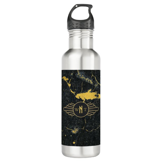 Bouteille D'eau Noir Marbre trois lettres Monogramme Art Déco (Devant)