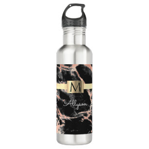 Bouteille D'eau Noir & Rose Gold Marble Boîte, Nom & Monogramme
