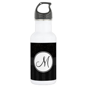 Bouteille D'eau Noir sur Noir Damas et rayures avec Monogramme
