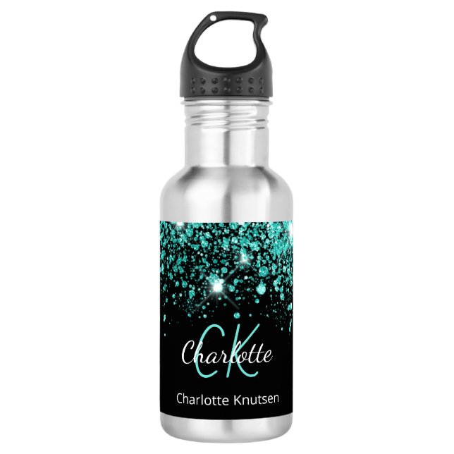 Bouteille D'eau Noir turquoise parties scintillant nom monogramme  (Devant)