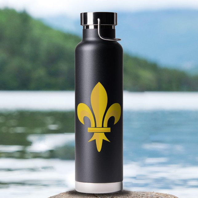 Bouteille d'eau noire avec Fleur de Lys Or (Gold Fleur de Lis on Black Water Bottle)