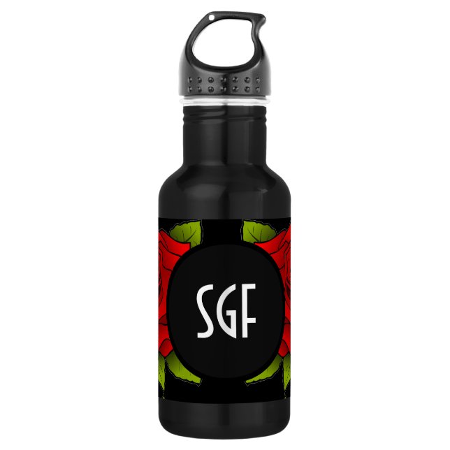 Bouteille d'eau noire avec Motif de fleurs de rose (Devant)