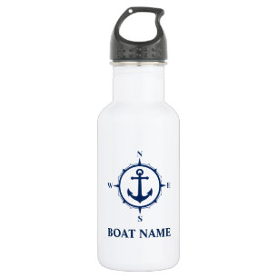 Bouteille D'eau Nom de votre bateau Ancre de boussole bleue Blanc