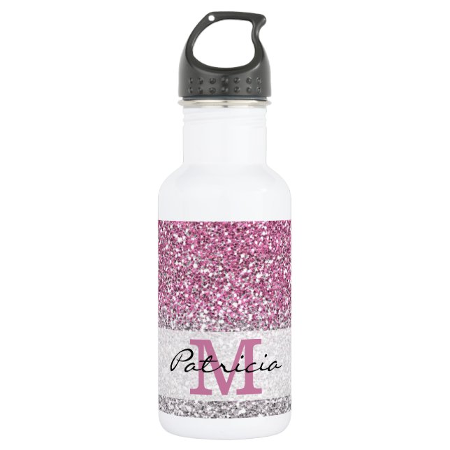 Bouteille D'eau Nom du monogramme de Parties scintillant rose élég (Devant)
