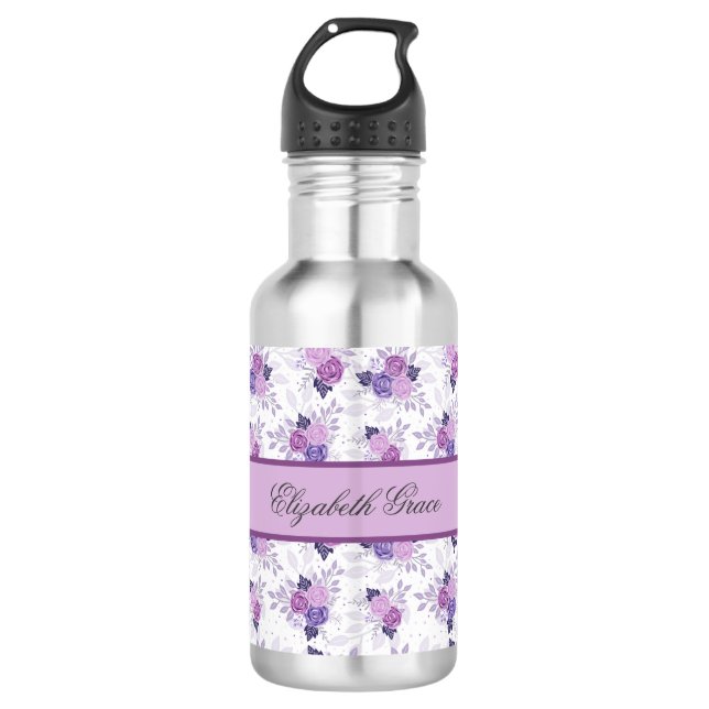 Bouteille D'eau Nom du monogramme Filles florales violettes roses (Devant)
