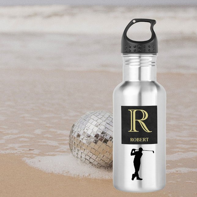 Bouteille D'eau Nom du monogramme Gold Black Golfeur (Créateur téléchargé)