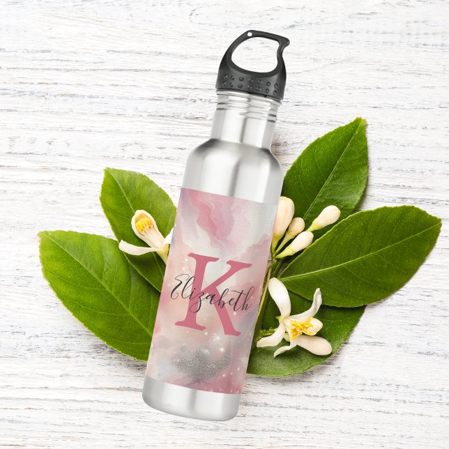 Bouteille D'eau Nom du monogramme Premier Pastel Aquarelle Laver C (Monogram Name Initials Pink Gray Watercolor Wash Water bottle. Bridesmaid gifts. Birthday gift her)