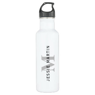 Bouteille D'eau Nom et monogramme modernes | Noir et gris