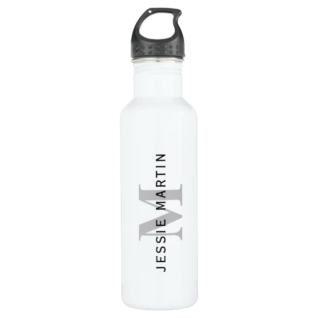 Bouteille D'eau Nom et monogramme modernes | Noir et gris (Devant)