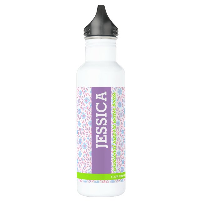 Bouteille D'eau Nom floral pourpre personnalisé et monogramme (Gauche)