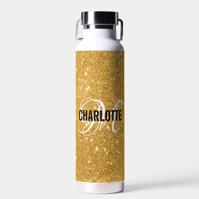 Bouteille D'eau Nom monogramme de parties scintillant en or chic (Avant)