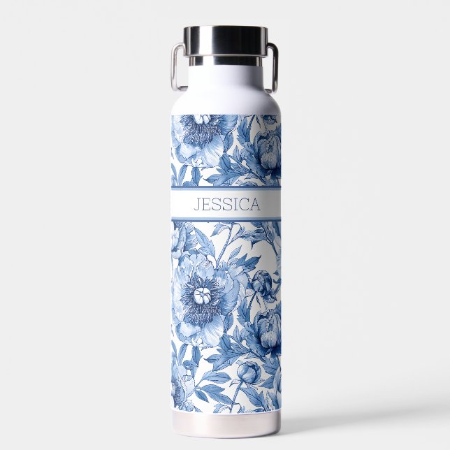 Bouteille D'eau Nom personnalisé Blue Floral Travel Flower Chic (Avant)