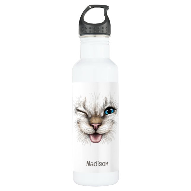 Bouteille D'eau Nom personnalisé Chat à plume (Devant)