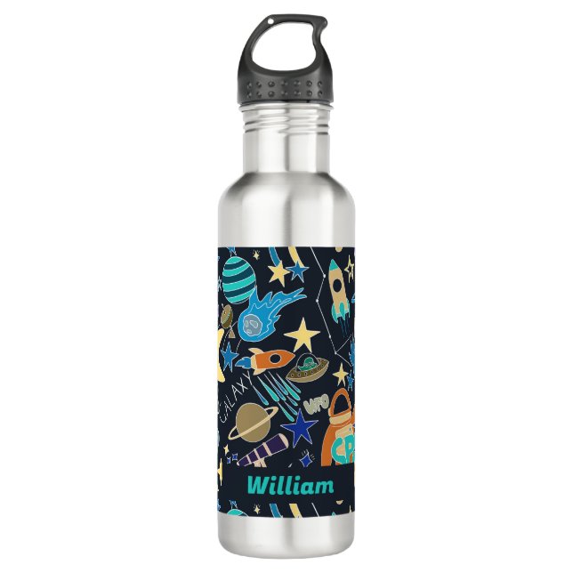 Bouteille D'eau Nom personnalisé du Motif Doodle de l'espace exter (Devant)