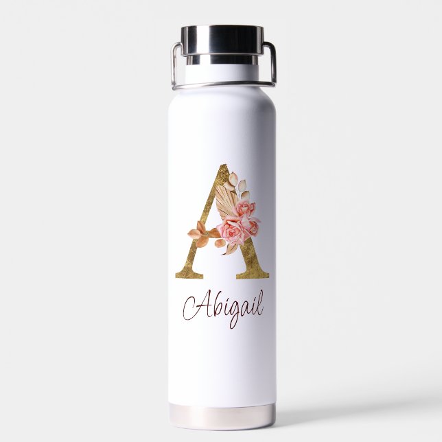 Bouteille D'eau Nom personnalisé Gold Foil Blush Rose Lettre A (Arrière)