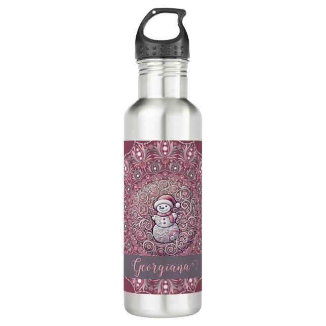 Bouteille D'eau Nom personnalisé mignon Whimsical Pink Snowman Man (Devant)