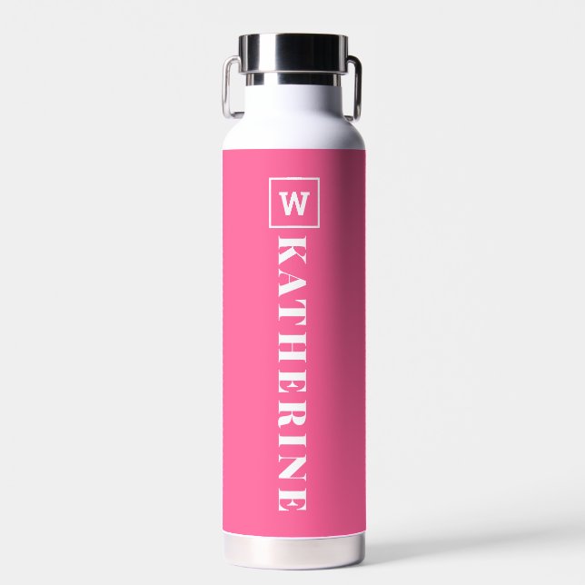 Bouteille D'eau Nom personnalisé rose chaud moderne Monogramme Sim (Avant)