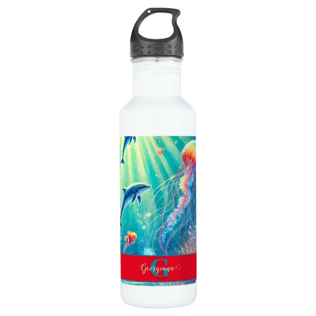 Bouteille D'eau Nom Personnalisé Whimssical Floral Coral Reef Poin (Devant)