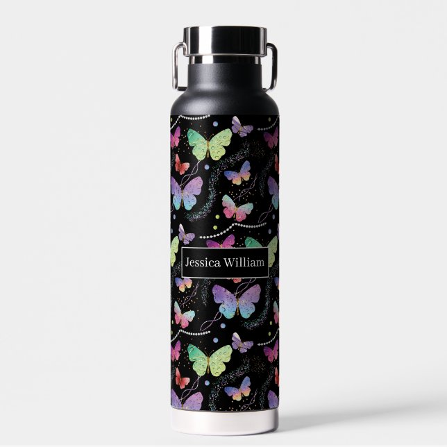 Bouteille D'eau Nom personnel Élégant Papillons violets brillants (Avant)