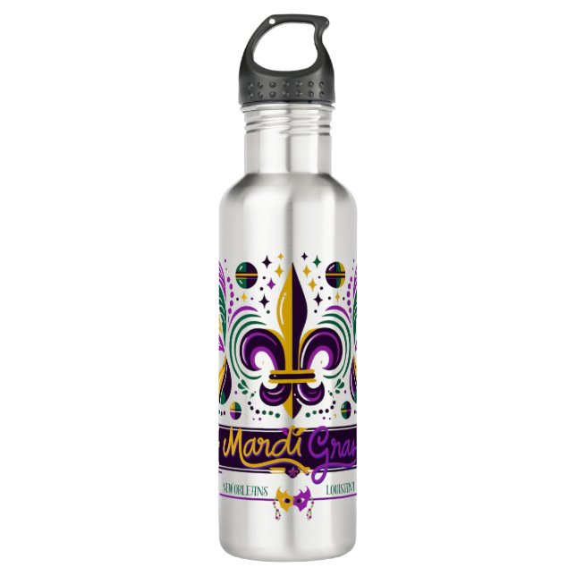 Bouteille D'eau Nouvelle-Orléans Mardi Gras jaune violet vert (Devant)