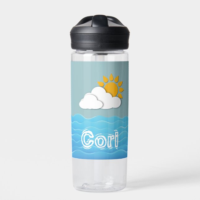 Bouteille D'eau Océan papier avec Sun et nuages Nom personnalisé (Extérieur)