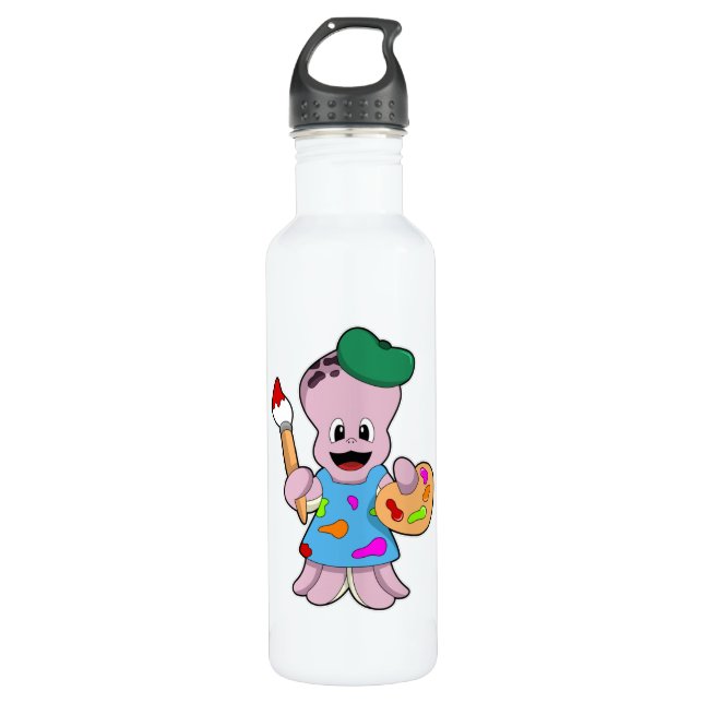 Bouteille D'eau Octopus comme Peintre avec pinceau (Devant)