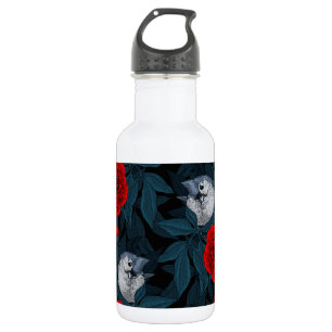Bouteille D'eau Oiseaux et fleurs de pivoines rouges avec feuilles