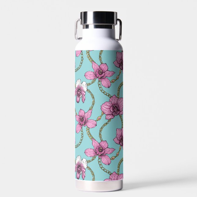 Bouteille D'eau Orchidées et chaînes, roses et bleues (Avant)