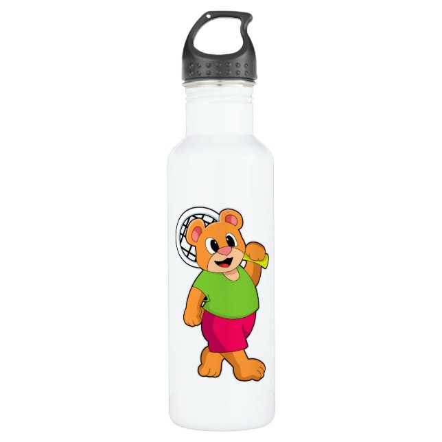 Bouteille D'eau Ours au tennis avec raquette de tennis (Devant)