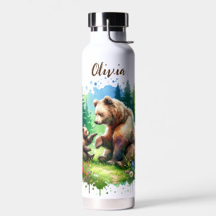 Bouteille D'eau Ours d'aquarelle mignonne et Cub Personnalisé