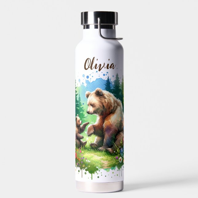 Bouteille D'eau Ours d'aquarelle mignonne et Cub Personnalisé (Gauche)