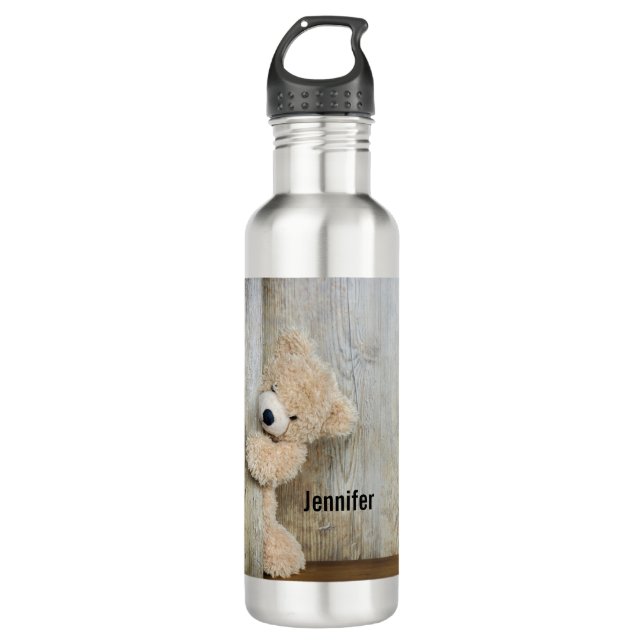 Bouteille D'eau Ours farci mignon Fond en bois rustique (Devant)