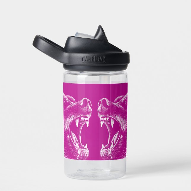 Bouteille D'eau Ours Gris Neon Rose & Blanc Nom personnalisé (Arrière Complet)