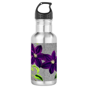 Bouteille D'eau Pailleté Argent avec Clématite Violette Aquarelle