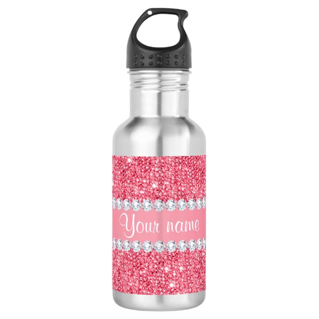 Bouteille D'eau Paillettes et diamants roses de Faux (Devant)